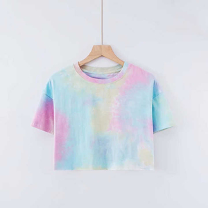 Nouveau femmes décontracté haut court à la mode Polyester cravate teinture femmes T-Shirts pour femmes cravate teinture à manches courtes dames t-shirt - Product Image 3