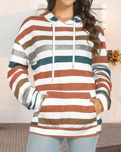 เสื้อฮู้ดผู้หญิงลายทางสีสันสดใส เสื้อสเวตเชิ้ตแขนยาว มีเชือกผูก เสื้อคลุมแบบสวม มีกระเป๋า เสื้อทรงหลวมสบายๆ - Product Image 3