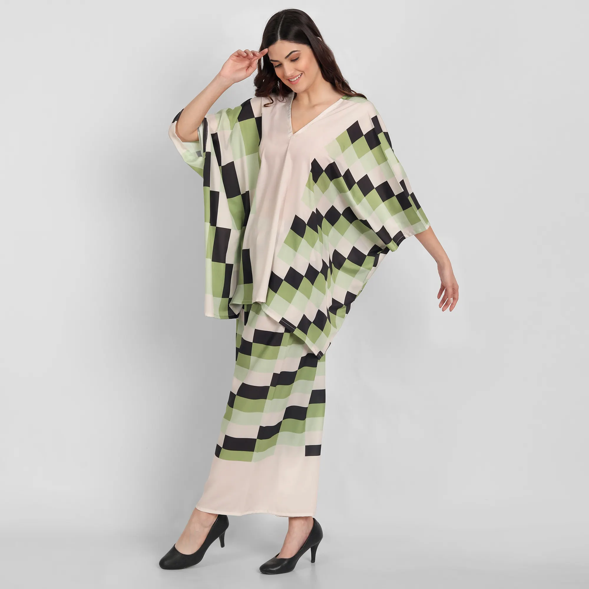 New Trending Checked Printed Women Top Pant Kaftan Coord Sets 2022