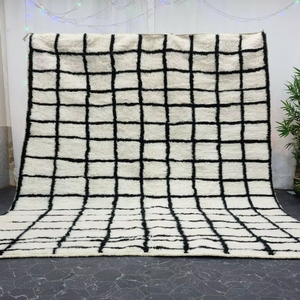 Thảm <span class=keywords><strong>berber</strong></span> Ma-rốc đích thực Thảm len lưới màu đen trắng thủ công với đống cao thiết kế trừu tượng THẢM LEN khu vực cao - Product Image 1
