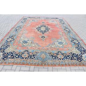 Tapis vintage 9,6x13,7 pieds, tapis turc surdimensionné, tapis en laine bleu rose à pois - Product Image 1