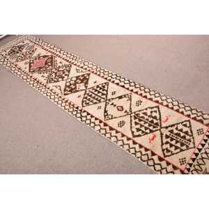 2.5x12.6 ft Vintage Rug, Turkish Runner Rug, <b>Brown</b> Check <b>Wool</b> Rug - Product Image 4