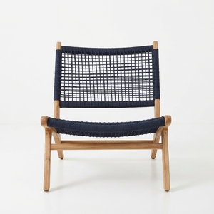 Chaise longue d'extérieur moderne en teck noir avec sangles en corde tressée, écologique et imperméable, durable, pour patio et jardin - Product Image 1