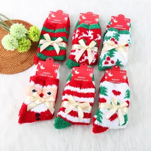 Custom Logo Christmas Women Coral Fleece Velvet Fuzzy Stripe Christmas Socks Women Winter Cozy Indoor Socks
