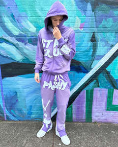 Manufacturer Boxy Fit Cotton Fleece <b>Hoodie</b> and Flared Sweats Pants Sets Custom Applique Distressed Embroidery Patches Tracksuits - Product Image 2