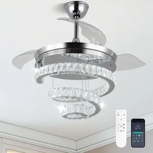 42" Dimmable Fandeliers Modern Crystal Invisible Chandelier Chrome Gold Crystal Ceiling Fan LED Fandelier With Memory Function