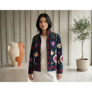Rosa Notte Reversible Woven Hand Embroidered Velvet Pullover <b>Jacket</b> Full Sleeve <b>Mandarin</b> <b>Collar</b> Floral Pattern Autumn Boho Style - Product Image 1