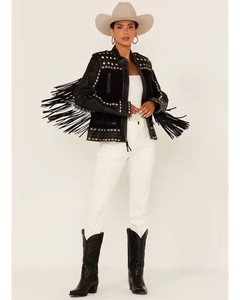 Veste en cuir de mouton véritable pour femmes, 100% cuir de mouton de haute qualité, style western, avec franges - Product Image 6