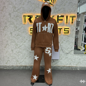 Ensemble de survêtement décontracté pour femme bleu clair avec capuche, fermeture éclair intégrale, imprimé étoiles, coupe ample en coton, sweat-shirt et pantalon, idéal pour l'automne - Product Image 6