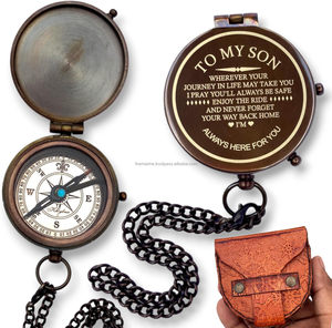 Laiton nautique gravé à mon fils boussole boussole plate avec étui en cuir cadeaux pour hommes cadeaux d'anniversaire cadeaux de baptême pour garçons etc. - Product Image 1