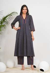 Vêtement pour femmes en gros, kurta droit en coton à imprimé floral avec pantalon et dupatta, longueur mollet, col en V, manches trois quarts, tenue marine - Product Image 5