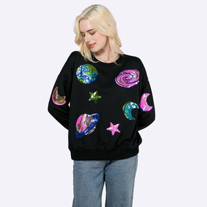 Suéteres personalizados de otoño para mujer, y manga larga con cuello redondo Sudadera negra, Jersey bordado con lentejuelas, venta al por mayor - Product Image 5