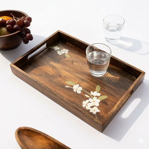 Bandeja de Servir Cuadrada de Madera Sólida Natural, Hecha a Mano, Ecológica, Duradera, Pintada a Mano, Decorativa para Mesa de Centro, Desayuno, Té - Product Image 1