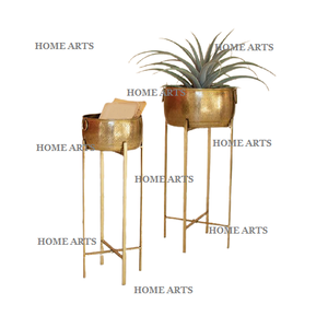 Juego de 2 macetas de flores de color dorado de aluminio, maceta de forma redonda de diseño clásico con soporte de hierro para los más vendidos - Product Image 1