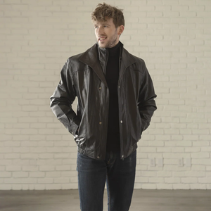 Veste en cuir véritable noire pour homme, blouson vintage, col montant, rabat anti-tempête, boutons-pression, taille élastique, vêtement d'extérieur d'hiver, décontracté - Product Image 2