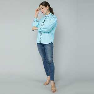 Bleu ciel formel dames haut brodé Logo taille libre minceur mousseline de soie et popeline longue longueur pour la saison automne et printemps - Product Image 5