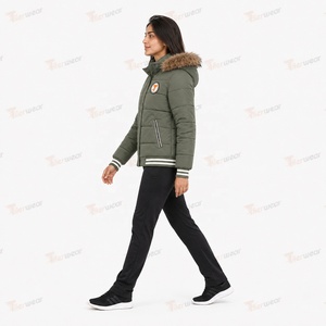 Chaqueta Acolchada Verde Oliva para Mujer con Capucha de Piel Desmontable, Logotipo Aplicado, para Invierno - Product Image 3