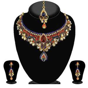Kriaa Red and Blue Austrian Stone Necklace <b>Set</b> with <b>Gold</b> Plated Copper Fine Bridal and <b>Earring</b> Jewelry for Ladies for Gift - Product Image 1