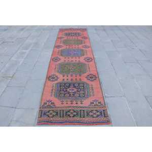 พรมวินเทจ ขนาด 2.9x11.7 ฟุต สีแดงน้ำเงิน ลายพิมพ์นามธรรม พรมขนสัตว์ตุรกี - Product Image 1