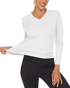 Camiseta de Manga Larga con Cuello en V para Mujer, Lisa, Informal, con Estampado, Color Negro, Logotipo Personalizado, Ecológica, Precio Bajo, OEM - Product Image 6