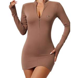 Vestido Mini Ajustado con Cuello Alto y Cremallera Delantera para Mujer, Manga Larga, Elástico, Estilo Casual para Calle - Product Image 2