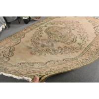Tapis turc vintage KayraHome beige brun 5,8x9,5 pieds en laine tissage plat écologique motif patchwork épaisseur de poil moyenne
