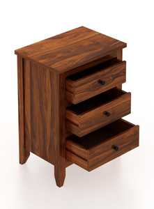 Table de chevet élégante à 3 tiroirs en bois massif avec finition en noyer riche pour intérieurs classiques et modernes pour appartements et hôpitaux - Product Image 2