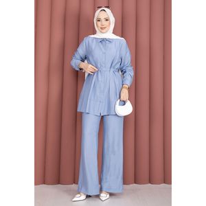 Conjunto de Dos Piezas de Túnica y Pantalones Casuales con Cinturón para Primavera/Verano, Color Azul Bebé - Product Image 3