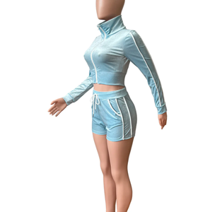 Chándal de terciopelo de verano para mujer, Top corto, pantalones cortos de motorista, conjunto de manga larga a rayas laterales, trajes informales transpirables ajustados de talla grande - Product Image 5