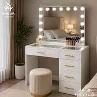 JIAMEIJIA OEM ODM Fabricant de meubles de chambre à coucher modernes, bureau de toilette blanc personnalisé avec miroir à LED et rangement en verre à rabat