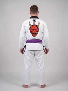 <b>White</b> BJJ Gi, Oni Mask Embroidery, Custom OEM 450 GSM Pearl Weave Jiu Jitsu <b>Kimono</b>, Wholesale Manufacturer - Product Image 2