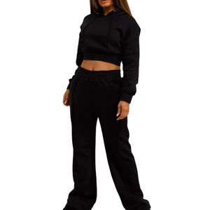 Último diseño logotipo personalizado Color negro algodón Mujer invierno sólido chándales conjuntos ropa deportiva manga larga Crop Top pulóver traje - Product Image 5