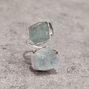 Exportation de bijoux en pierre brute bague pour femme aigue-marine naturelle pierre brute pierre de naissance de mars double pierre bague en argent sterling 925 - Product Image 4