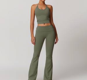 Ensemble de yoga pour femmes : pantalon évasé de compression et soutien-gorge dos nu à col en V, taille élastique, séchage rapide, motif uni pour l'entraînement - Product Image 5