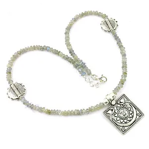 Art Palace 925 Silver Beaded Pendant <b>Necklace</b> Natural Stone Geometric Religious Style Everyday Wear Unisex Jewelry Rajasthan - Product Image 1