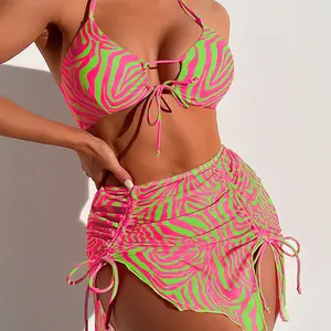 PASUXI Neudruck-Badeanzug Damen hohe Taille String Bademode Bikini 3-teiliges Set mit Abdeckung 3D-Blumen-Badeanzug Strandbekleidung