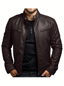 Chaqueta de cuero de imitación de cerdo para hombre, cremallera diagonal, solapa grande, tamaño europeo, chaquetas de cuero de moda coreana para hombre - Product Image 2