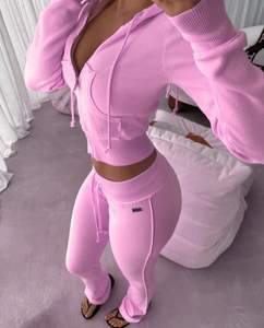 Streetwear tricoté en éponge française personnalisé pour femmes Impression bouffante Sweat à capuche zippé court Jogger Pantalon de survêtement Ensemble de survêtement Style de rue - Product Image 1