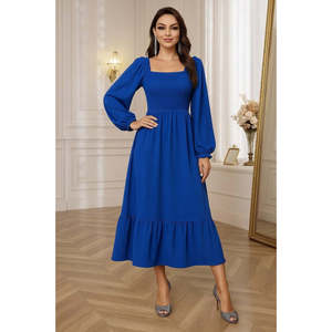 Vestido Largo de Punto con Cuello Cuadrado y Manga Larga para Mujer, 29210 - Azul - Product Image 3