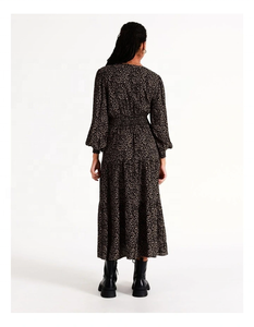 Nouvelle robe décontractée noire tendance 2026, décorée d'un imprimé magnifique et d'une taille froncée, col en V, manches bouffantes, robe grande taille - Product Image 4