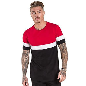 T-shirt pour homme en coton à manches courtes, style streetwear décontracté, coupe ajustée, avec blocs de couleur rouge, noir et blanc, haut tendance - Product Image 1