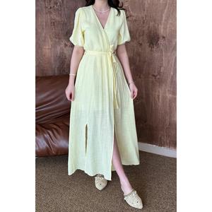 Yellow Wrap-Neck <b>Muslin</b> Linen <b>Dress</b> - Yellow - Product Image 4
