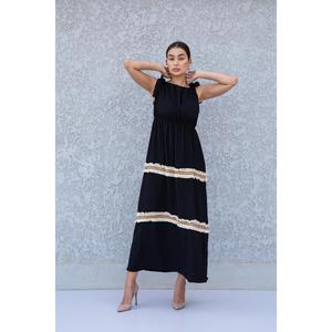 เดรสยาวทรงโบฮีเมียนสีดำล้วน ผ้าเรยอน 100% คอเหลี่ยม สำหรับผู้หญิง สไตล์ทางการ สีธรรมชาติ ทรงระบาย - Product Image 1