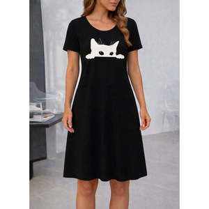 Robe courte en viscose à manches courtes et col rond pour femme, imprimé chat, 37499 - Noir - Product Image 2