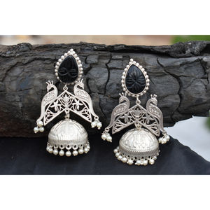 new design handmade traditional silver look alike brass stone <b>stud</b> big jhumka hoop earing for <b>girls</b> and women - Product Image 4