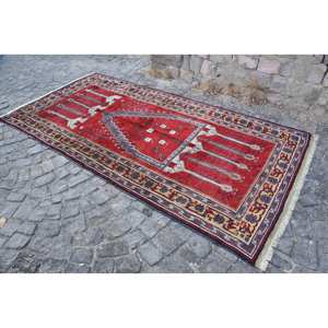Vintage Turkish Rug Large Area 4.8x9.5ft Kilim Style <b>Red</b> Blue Patchwork Design <b>Wool</b> Material Latex for Hallway Room Decor - Product Image 3