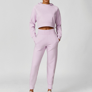 Ensemble 2 pièces personnalisé de haute qualité, sweat à capuche en coton court, survêtement pour femmes, tissu à tricoter à motif solide, style long - Product Image 1