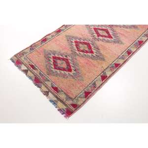 Tapis vintage, tapis turc 3,2x10,9 pieds, tapis en laine rouge rose uni - Product Image 2