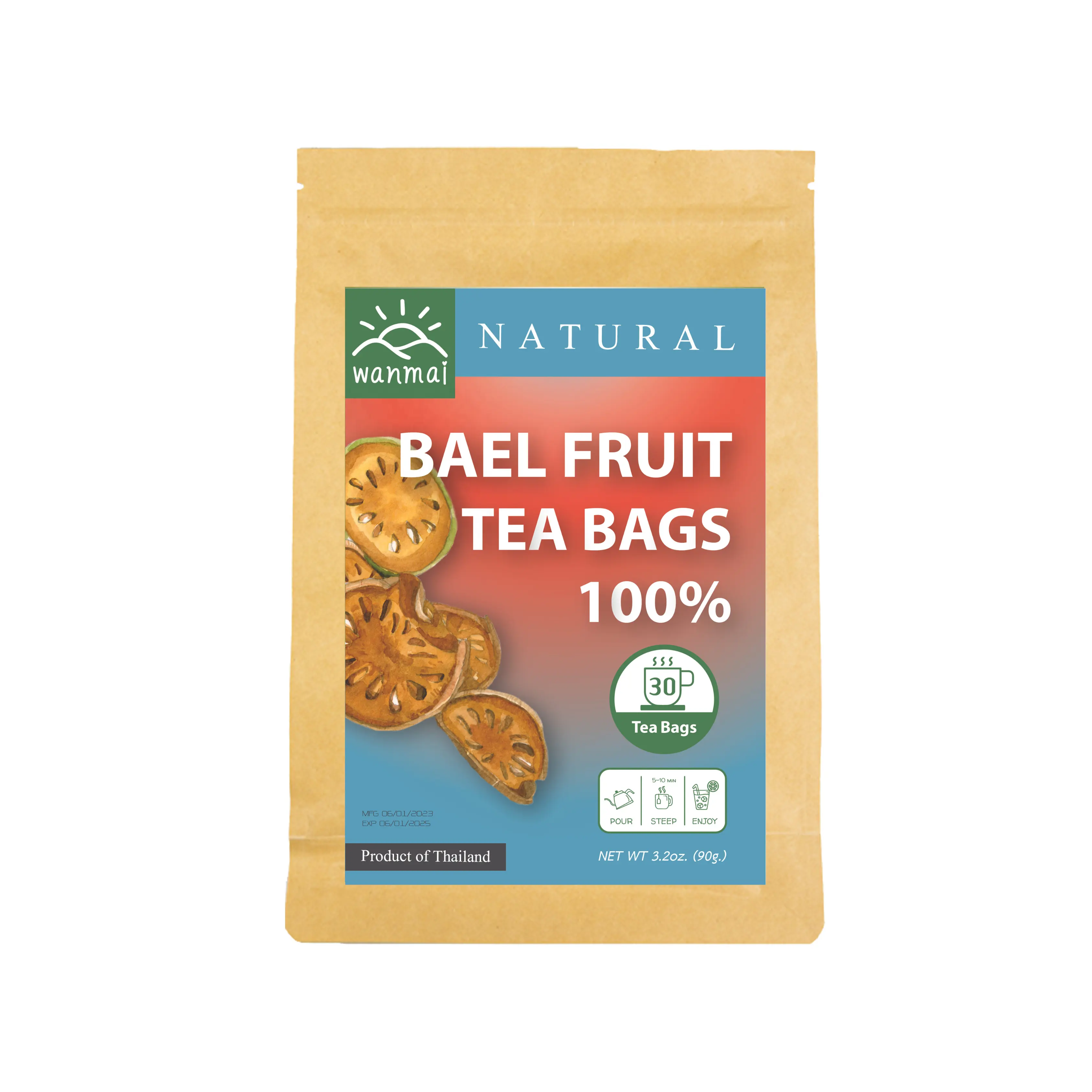 El té de frutas WANMAI29 Bael admite dietas veganas y cetogénicas 100% hierbas reales en bolsa de remojo Kraft