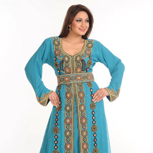 Teal Zari travail pierres et perles embellir Georgette style islamique arabe Maxi fête caftan - Product Image 1